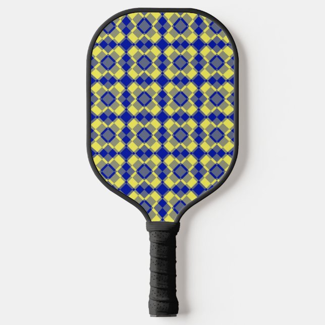 Blue Yellow Chequered Argyle Pattern Pickleball Paddle (Front)