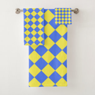Blue Yellow Chequered Diamond Pattern Bath Towel Set