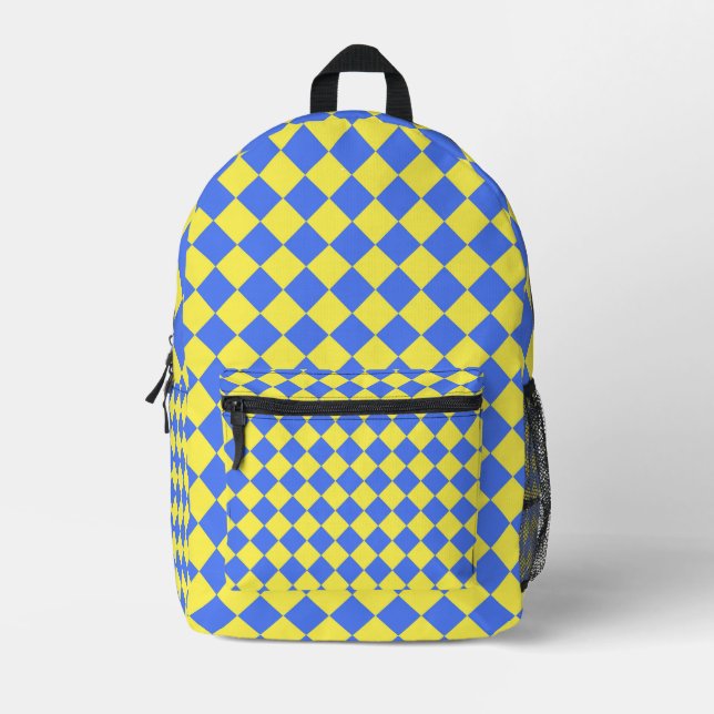 Blue Yellow Chequered Diamond Pattern Printed Backpack (Front)