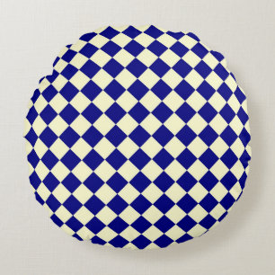 Blue Yellow Chequered Diamond Pattern Round Cushion