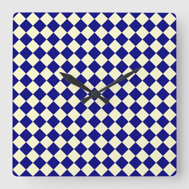 Blue Yellow Chequered Diamond Pattern Square Wall Clock (Front)