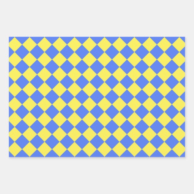 Blue Yellow Chequered Diamond Pattern Wrapping Paper Sheet (Front)