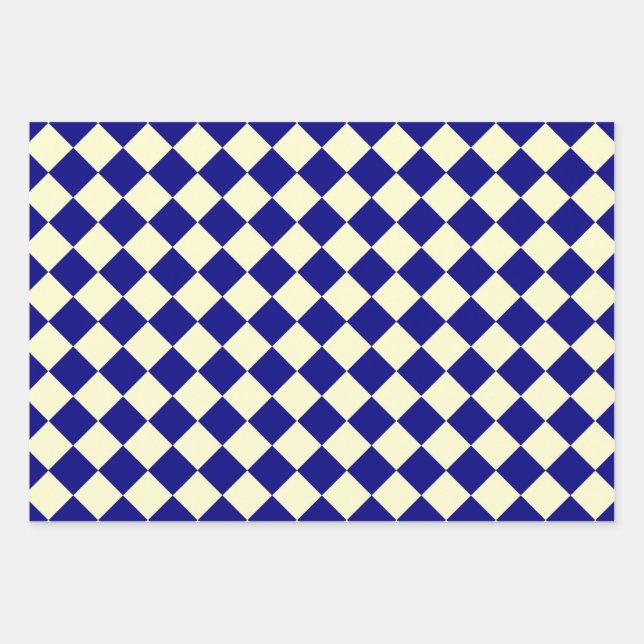 Blue Yellow Chequered Diamond Pattern Wrapping Paper Sheet (Front)