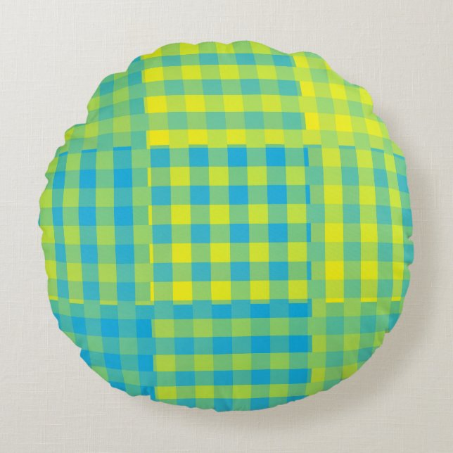 Blue Yellow Chequered Patchwork Pattern Round Cushion (Front)