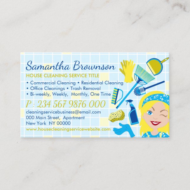 Blue Yellow Cleaning Janitorial Maid Housekeeping Business Card (Front)