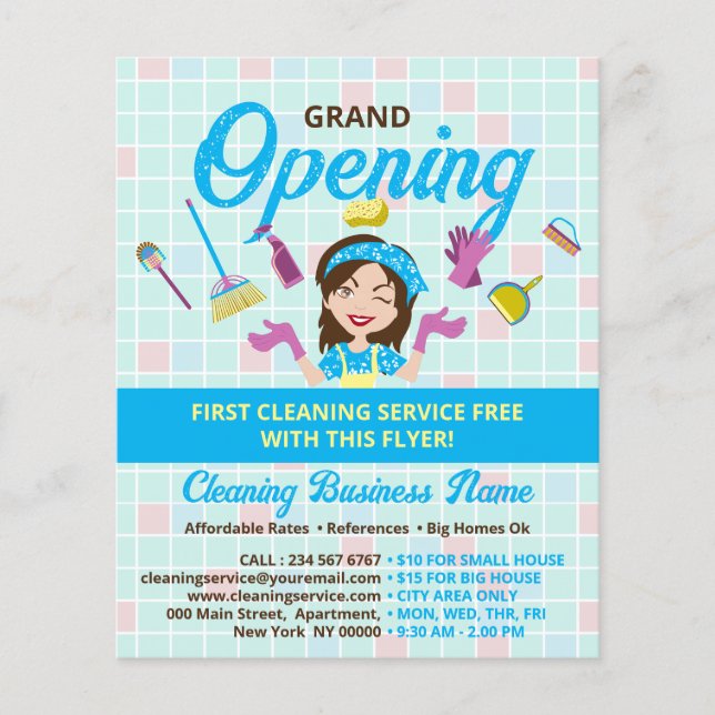 Blue Yellow Cleaning Lady Grand Opening Flyer (Front)