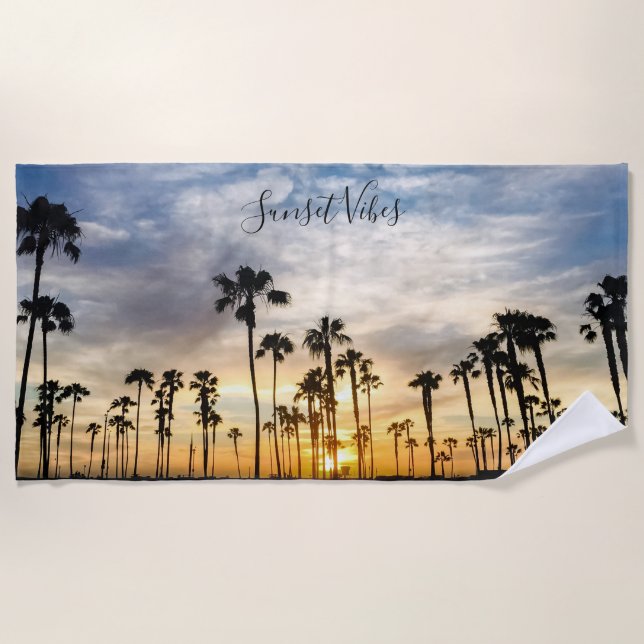 Blue & Yellow Cloudy Palm Trees Sunset Beach Towel (Front)