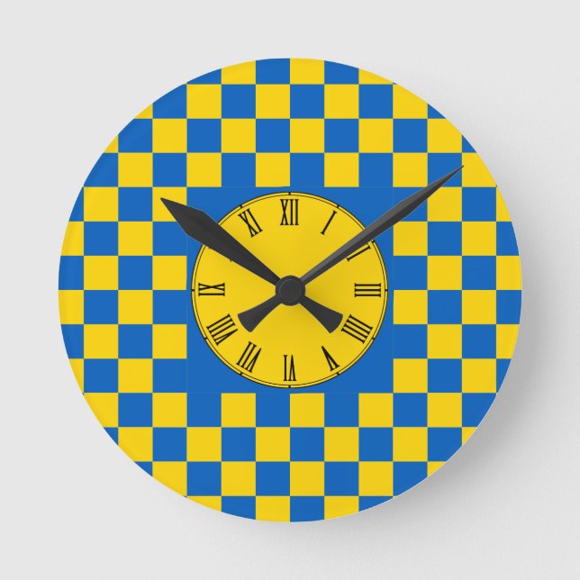 Blue & Yellow colour square / checked pattern Roun Round Clock (Front)