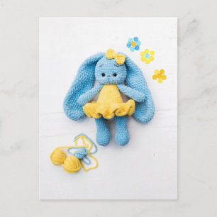 Blue & Yellow Crochet Bunny — Cozy Handmade Art Postcard