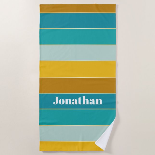 Blue Yellow Custom Summer Colour Block Stripes Beach Towel (Front)