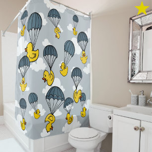 Blue Yellow Cute Rubber Duck Parachute Sky Clouds Shower Curtain