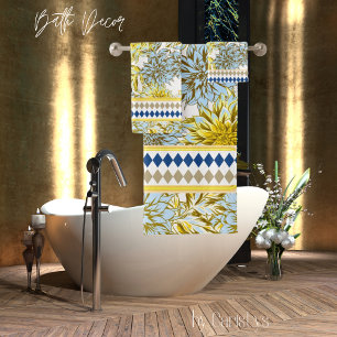 Blue Yellow Dahlias with Patterned Trim Bath Towel Set
