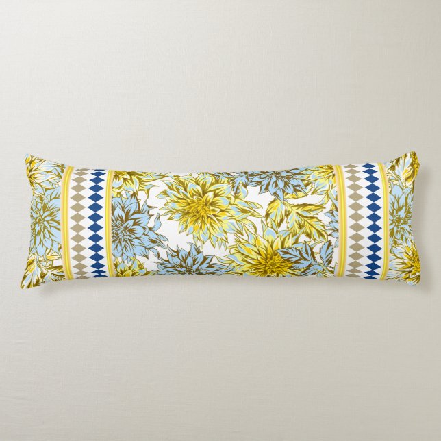 Blue Yellow Dahlias with Patterned Trim Body Cushion (Front)