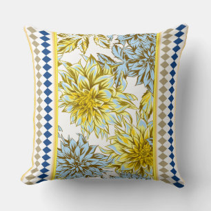 Blue Yellow Dahlias with Patterned Trim Cushion