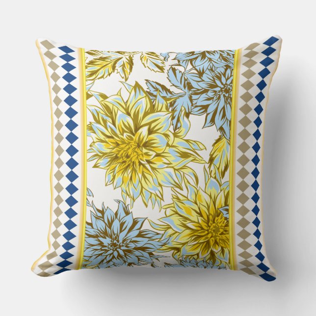 Blue Yellow Dahlias with Patterned Trim Cushion (Front)