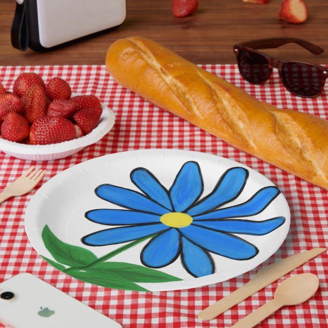 Blue Yellow Daisy Flower Paper Plate (Picnic)