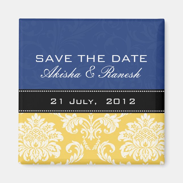 Blue Yellow Damask Save the Date Magnet (Front)