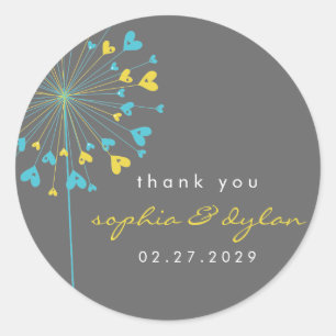 Blue & Yellow Dandelion Flower Love Hearts Wedding Classic Round Sticker