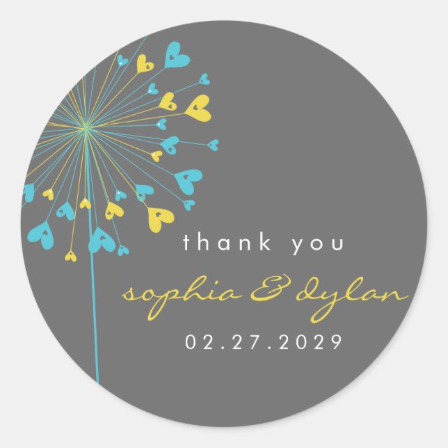 Blue & Yellow Dandelion Flower Love Hearts Wedding Classic Round Sticker (Front)