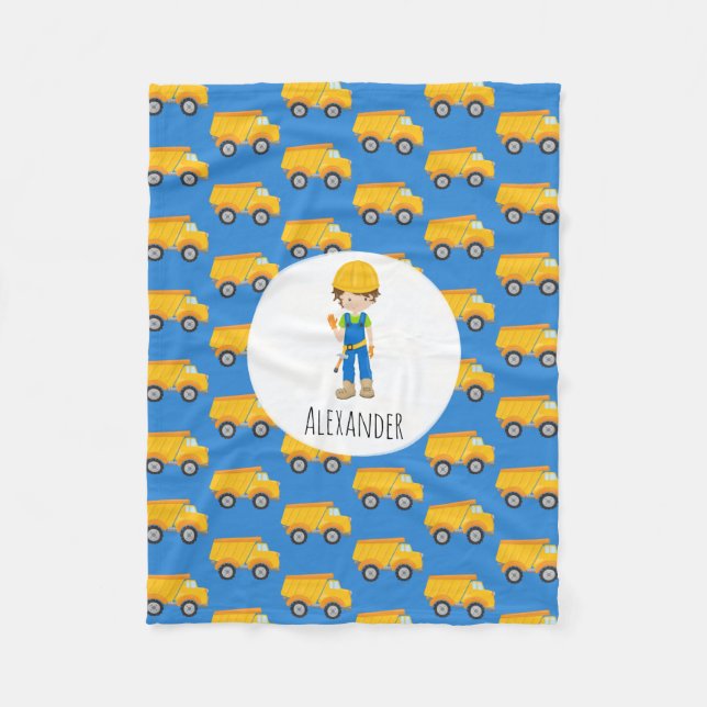Blue Yellow Dump Truck Boy Construction Worker Fleece Blanket (Front)