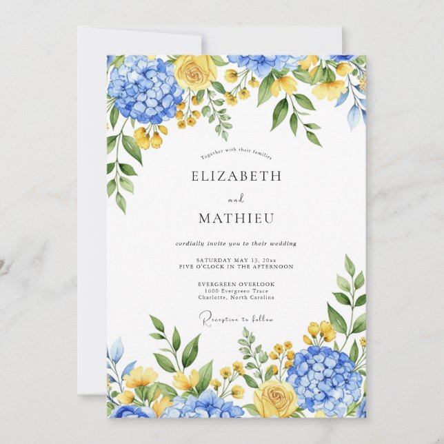 Blue Yellow Enchanting Botanical Wedding Invitation (Front)