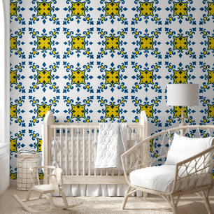 Blue Yellow Fleur De Lis Azulejo Pattern Wallpaper