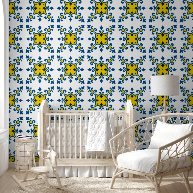 Blue Yellow Fleur De Lis Azulejo Pattern Wallpaper (Kids)