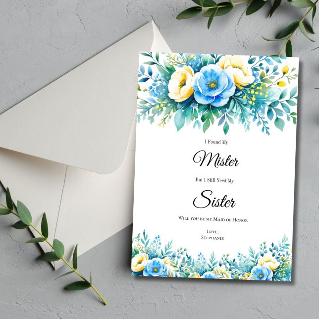 Blue Yellow Floral Bridal Party Proposal Cards (Blue yellow watercolor floral Bridesmaid Maid of Honor Proposal card. Printed or Digital download)