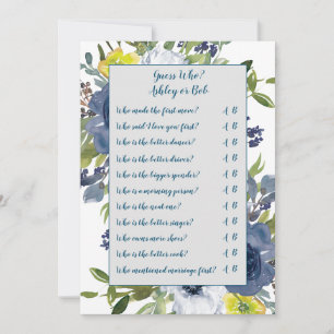 Blue Yellow Floral Bridal Shower Game Card