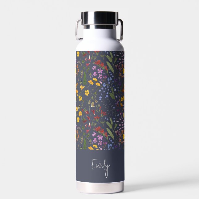 Blue yellow floral cute personalised elegant wire water bottle (Front)