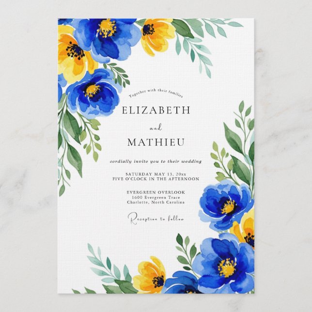Blue Yellow Floral Flourish Wedding Invitation (Front)