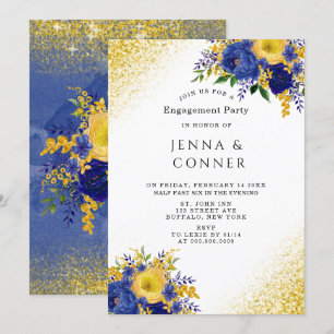 Blue Yellow Floral Gold Glitter Engagement Party  Invitation