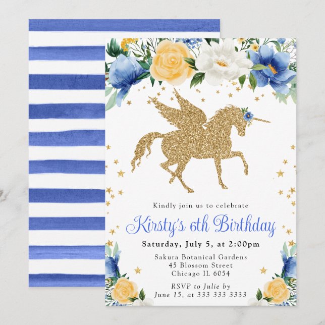 Blue Yellow Floral Gold Unicorn Birthday Party Invitation (Front/Back)