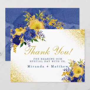 Blue Yellow Floral Gold Wedding Thank You Cards