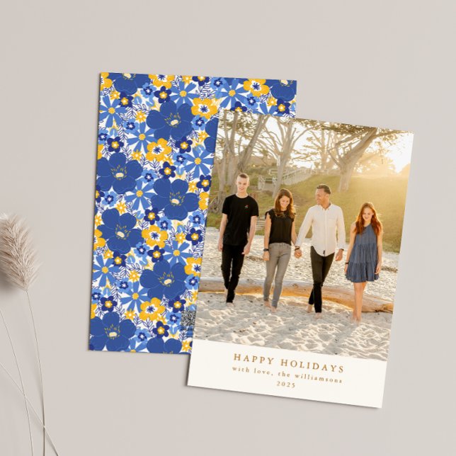 Blue Yellow Floral Hanukkah Holiday Photo Elegant Card (Creator Uploaded)