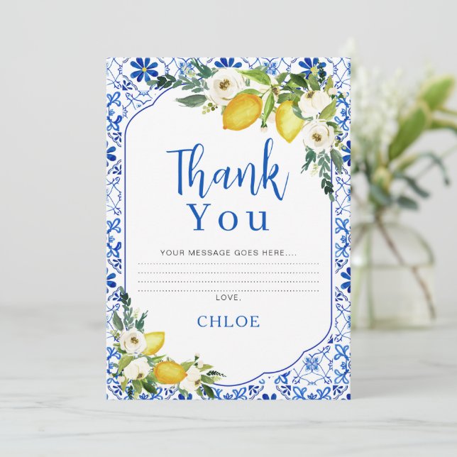 Blue Yellow Floral Lemon Bridal Thank You Card (Standing Front)
