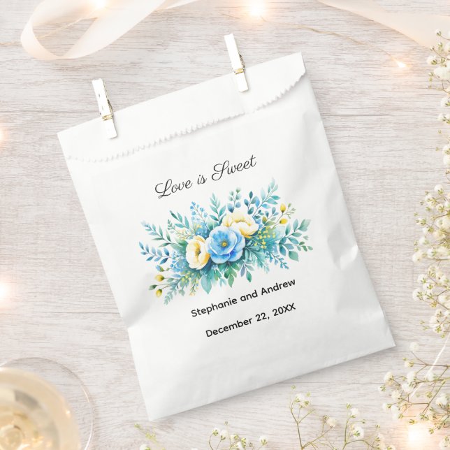 Blue Yellow Floral Love Is Sweet Wedding Favour Bags (Clipped)