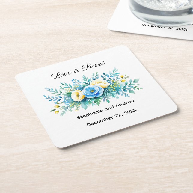 Blue Yellow Floral Love Is Sweet Wedding Square Paper Coaster (Angled)