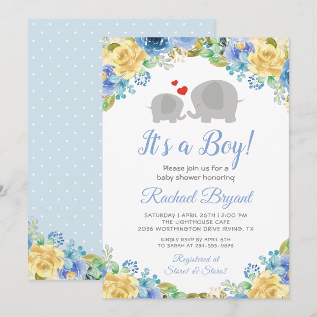 Blue Yellow Floral Roses Boy Elephant Baby Shower Invitation (Front/Back)