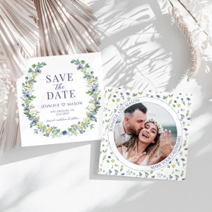 Blue yellow floral Save the Date photo invitation