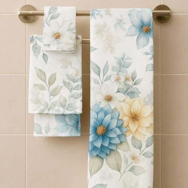 Blue Yellow Floral Soft Bathroom Towel Set of 3 (Creator Uploaded)