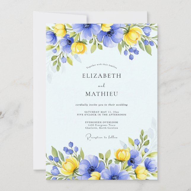 Blue Yellow Floral Spring Wedding Invitation (Front)