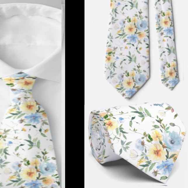 Blue Yellow Floral Watercolor Neck Tie Necktie (Creator Uploaded)