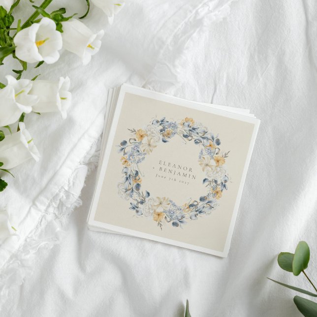 Blue Yellow Floral Watercolor Wreath Wedding Napkin (Creator Uploaded)