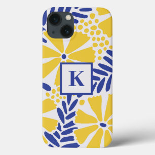 Blue & Yellow Flower Pattern Monogram iPhone 13 Case