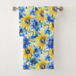 Blue Yellow Flowers Bath Towel Set