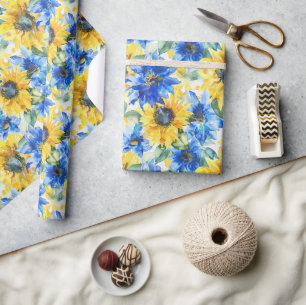 Blue Yellow Flowers Birthday Wrapping Paper