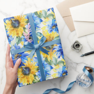 Blue Yellow Flowers Bridal Shower Wrapping Paper