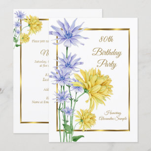 Blue Yellow Flowers Gold Birthday Party Invite