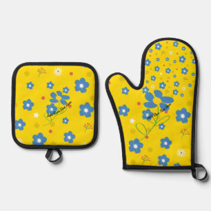 Blue Yellow Flowers Oven Mitt & Pot Holder Set